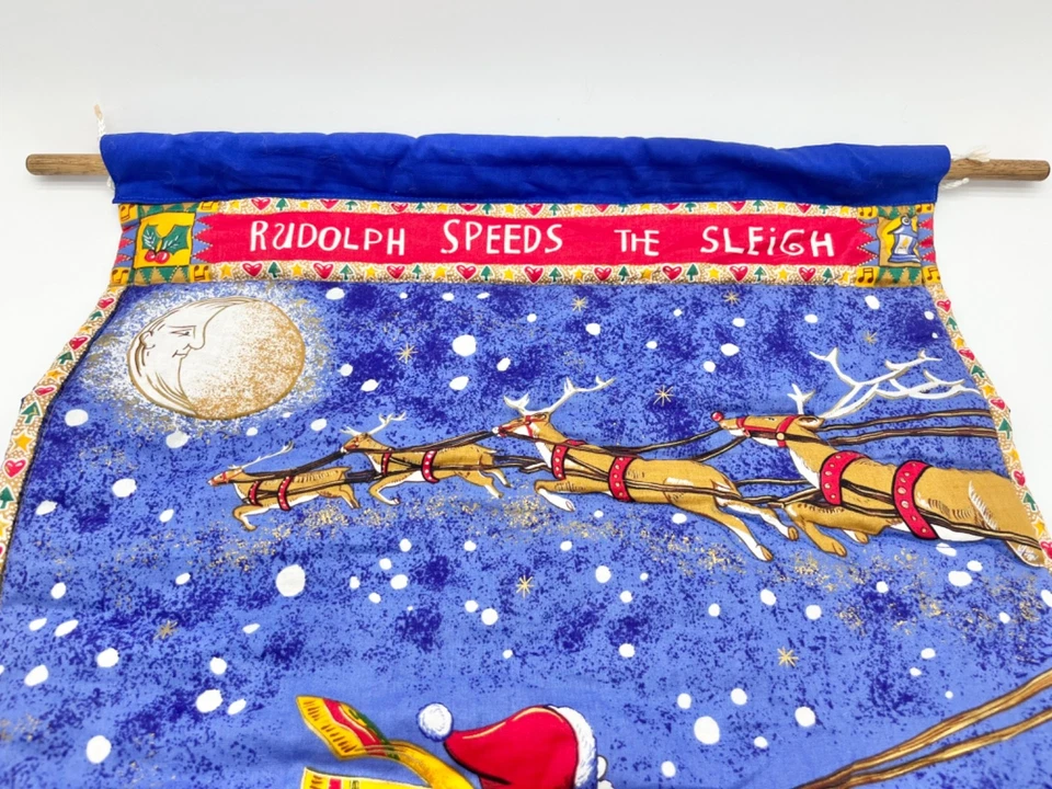 Vintage Christmas Santa Sleigh Fabric Quilt: Wall Hanging Panel Toys Advent - Image 3 of 4