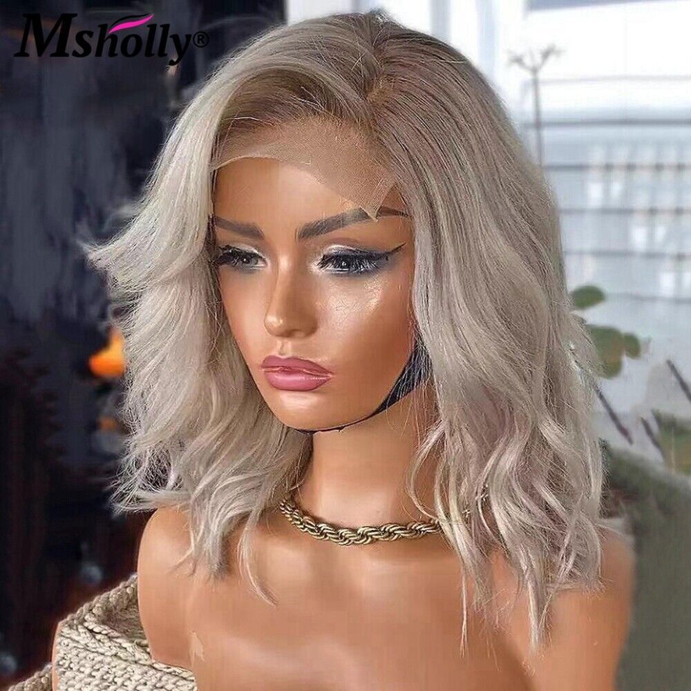 Ash Grey Ombre Short Wavy Lace Front Human Hair Wigs Platinum