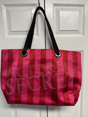 Victoria's Secret Red and Pink Striped Overnight Beach Tote Bag