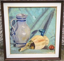 COMPOSIZIONE CON BROCCA E FIASCO - VECCHIO, GRANDE QUADRO DIPINTO OLIO