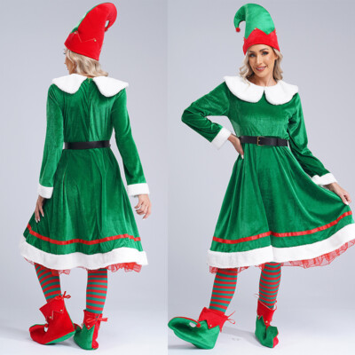 Women Christmas Green Elf Costume Santa Helper Sets Mrs Santa Cosplay Outfits