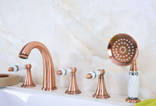 Antique Red Copper 5 Holes Wide-Spread Bathroom Faucet W/ Hand Shower ftf207