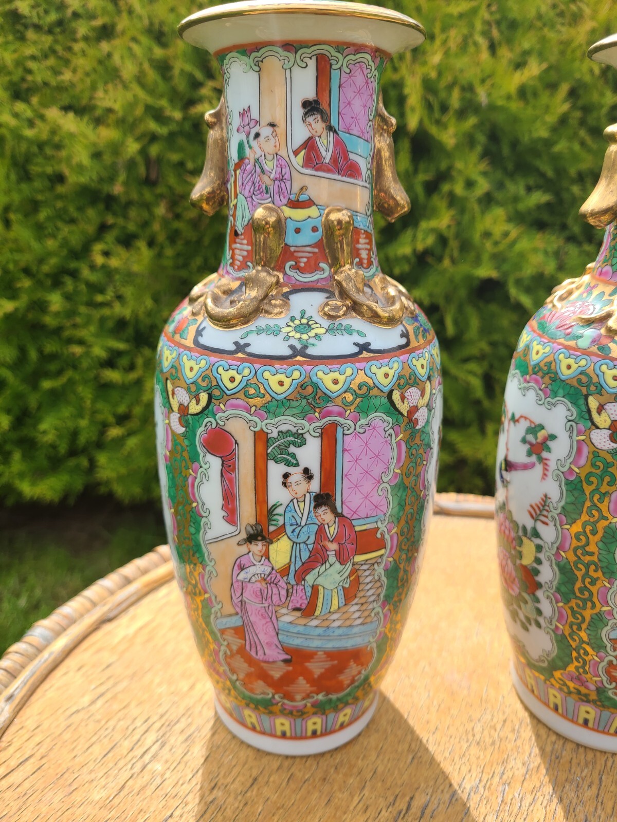 PAIR PORCELAIN BALUSTRADE VASES CHINA CANTON SIGNS BLUE CIRCLE 19TH CENTURY