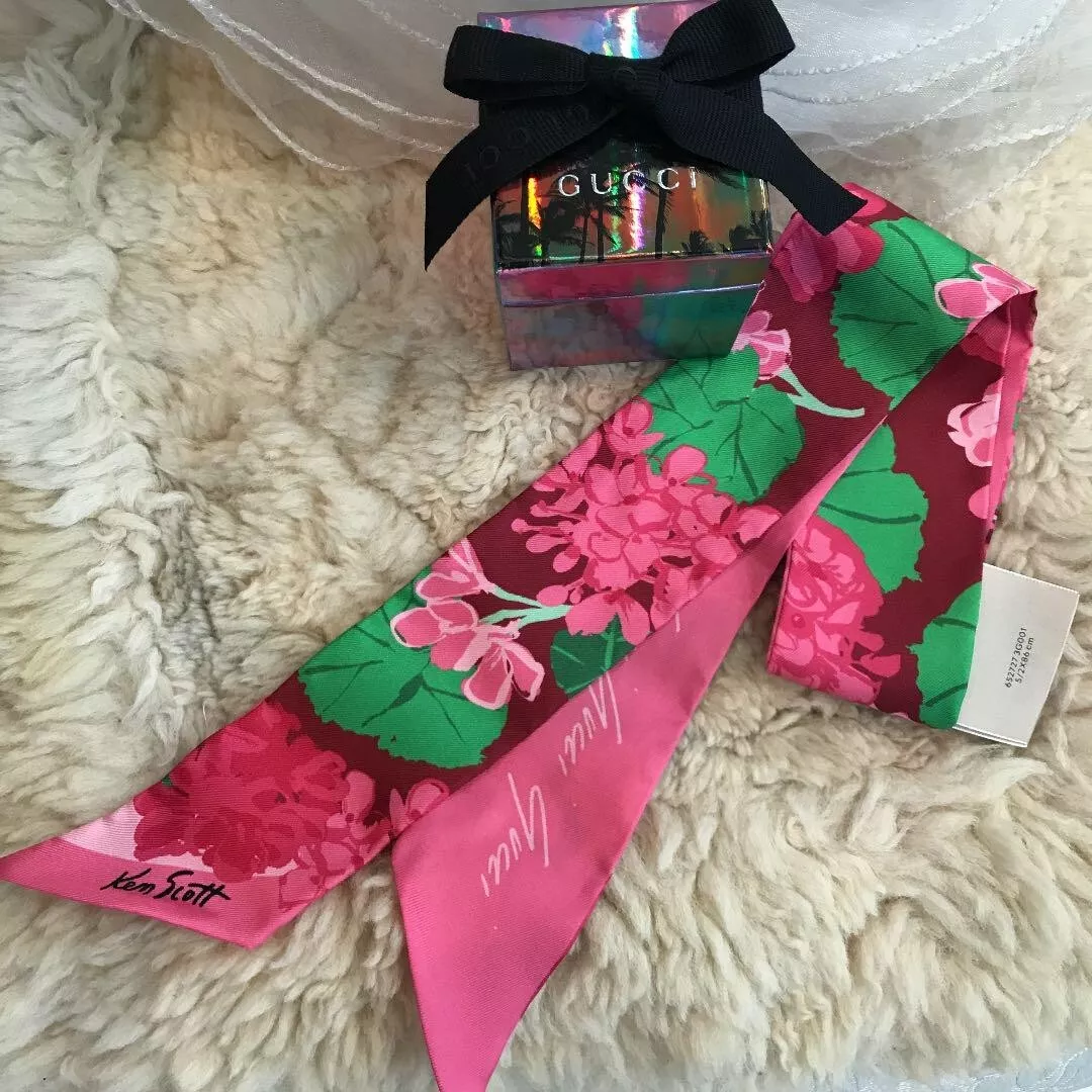 Écharpe GUCCI Ken Scott imprimé botanique rose X vert X bordeaux authentique femme