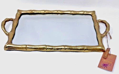 FAUX BAMBOO GOLD RECTANGULAR MIRRORED & HANDLED TRAY NEW WITH TAG