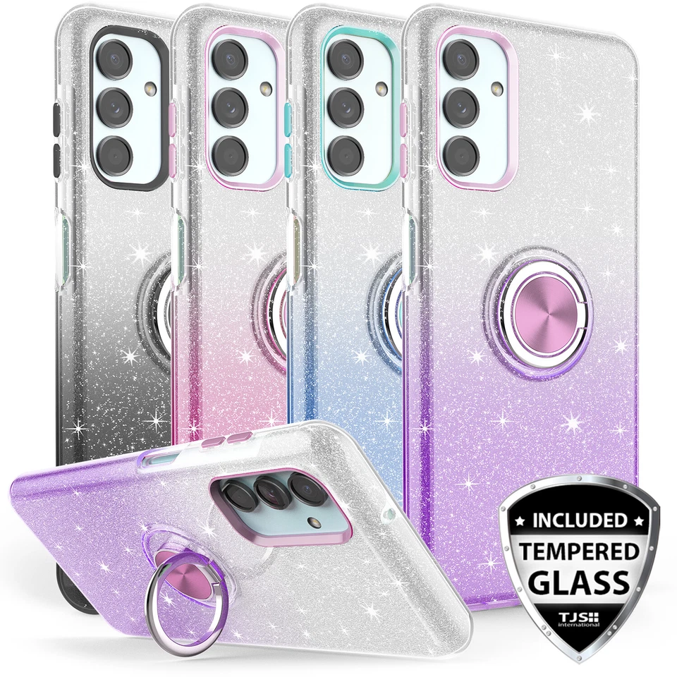 适用于 Galaxy A16 A15 A14 5G 环形保护壳 闪耀 TPU 渐变闪亮 + 钢化玻璃