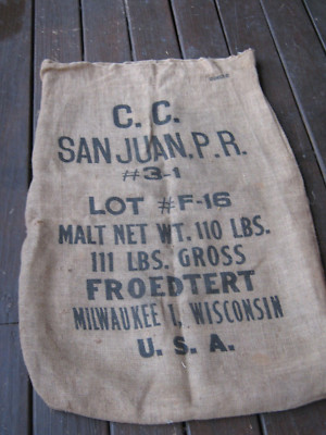 Vintage burlap empty sack C. C. San Juan Puerto Rico FROEDTERT Milwaukee 1 WIS