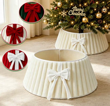 White Ribbed Bow Christmas Tree Collar, Polyester Circle, Easy Install
