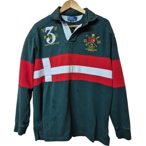 Polo Ralph Lauren Rugby Shirt Men's L Green Red Embroidered Logo Cotton Casual