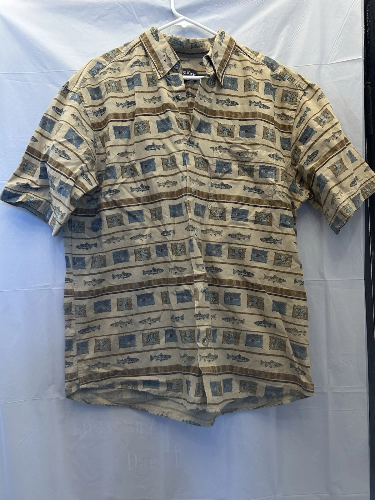 Woolrich Men's Cream Fish Strip Button Down Shirt Sz L 100% Cotton Pre-Owned