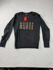 Guess Womens Lane Repeat Logo Sweater XL Black Sequin Pullover NWT