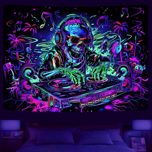 Blacklight Skull Tapestry Skeleton Tapestries Funny Music UV Reactive Tapestry