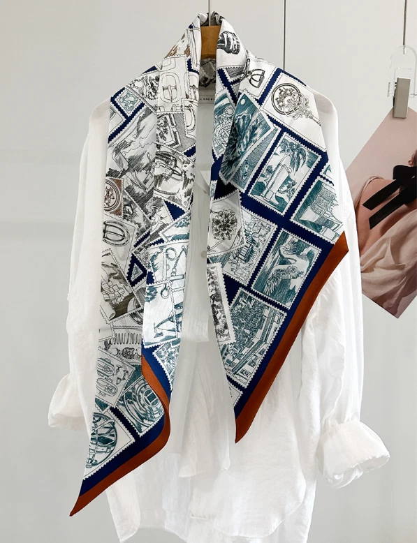 16 Momme Twill Silk Neckerchief 150X21cm Shawl stamp Print Bandanna Scarf Long