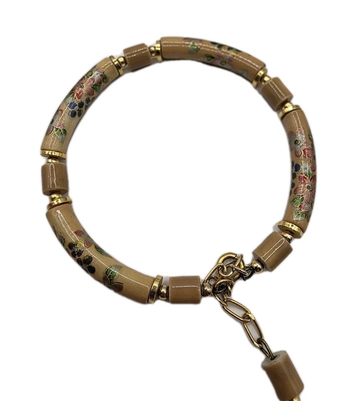 Vintage 1980s Hand Painted FLORAL TAN Ceramic Bead Bracelet