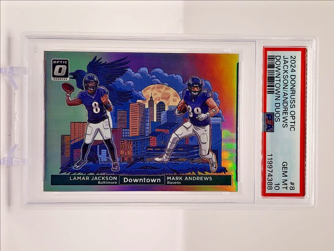 LAMAR JACKSON MARK ANDREWS 2024 OPTIC DOWNTOWN DUOS PRIZM SP PSA 10 Q5775