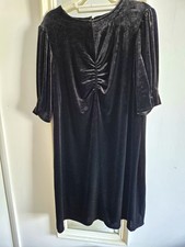 Next Black Velvet Round Neck Ruched Shift Knee Dress 3/4 Sleeve Plus 22