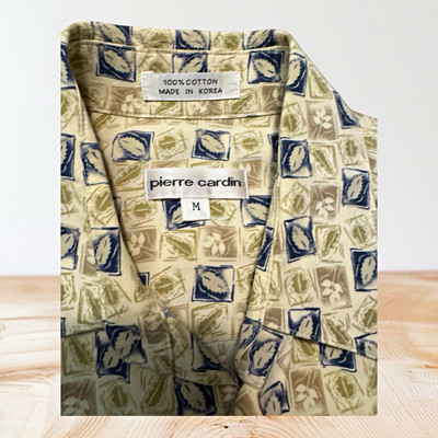 Pierre Cardin Men's M Beige/Blue Geometric Print Cotton Short Sleeve Button-Up