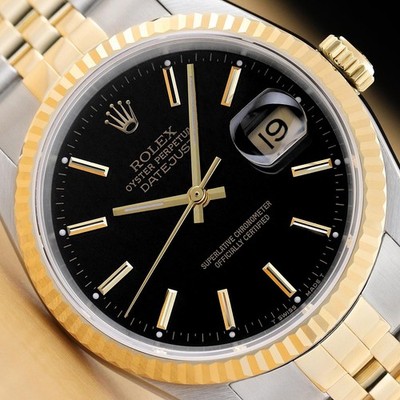 Rolex Herren Datejust 16233 Schwarzes Zifferblatt 18K Gold Stahl Zwei Ton Uhr W