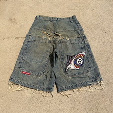 JNCO JEANS Thrashed Men's Blue Denim Jorts Shark 8 Ball Jorts, Sz 28