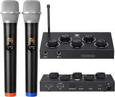 （K203）Portable Karaoke Microphone Mixer System Set, with Dual UHF Wireless……