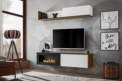 Anbauwand Wohnwand Schrankwand DALLAS B mit Bio-Ethanol Kamin Push Click Weiss