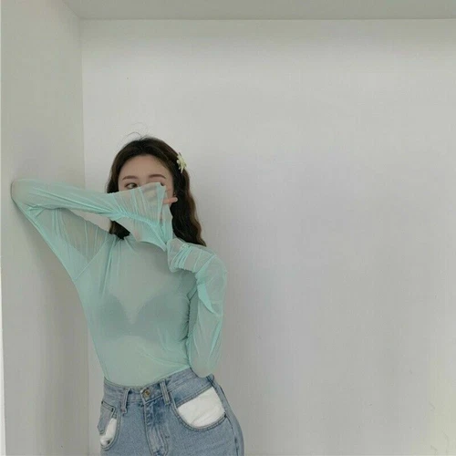 Lady Mesh Blouse See Through Sheer Casual Tops Long Sleeve Turtle Neck Thin Sexy - Picture 9 of 29