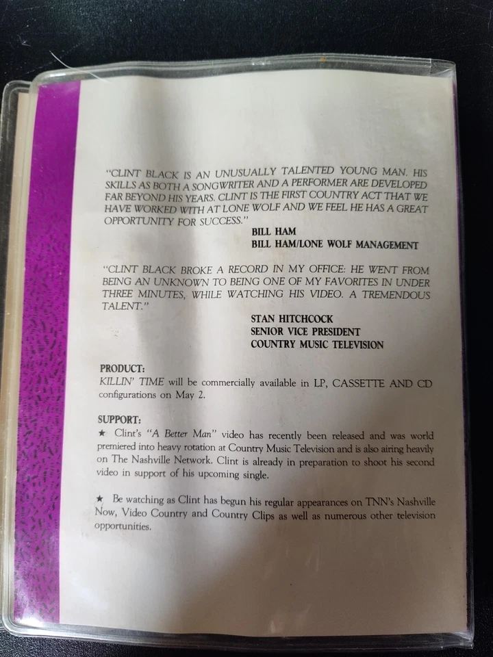 Clint Black - Killin' Time (1989) Advance Cassette [Yellow Press Kit] Ultra Rare - Image 2 of 4