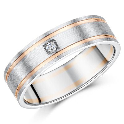 Flacher hofförmiger Diamant-Ehering 6 mm 9 kt zweifarbig Rotgold & Weißgold