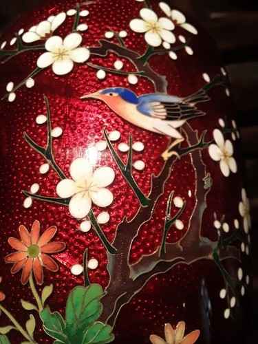 Japanese Ginbari Cloisonne Red Vases with Birds and flowers - Picture 2 of 12