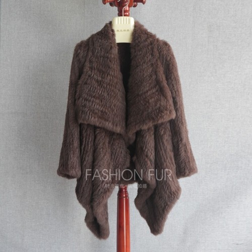 Top Quality Women Real Knitted Rabbit Fur Coat Big Lapel Warm Fur Outwear Jacket - Picture 16 of 32
