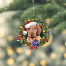 Dachshund Dog Christmas Wreath Ornament, Dachshund Dog Merry Christmas Ornament