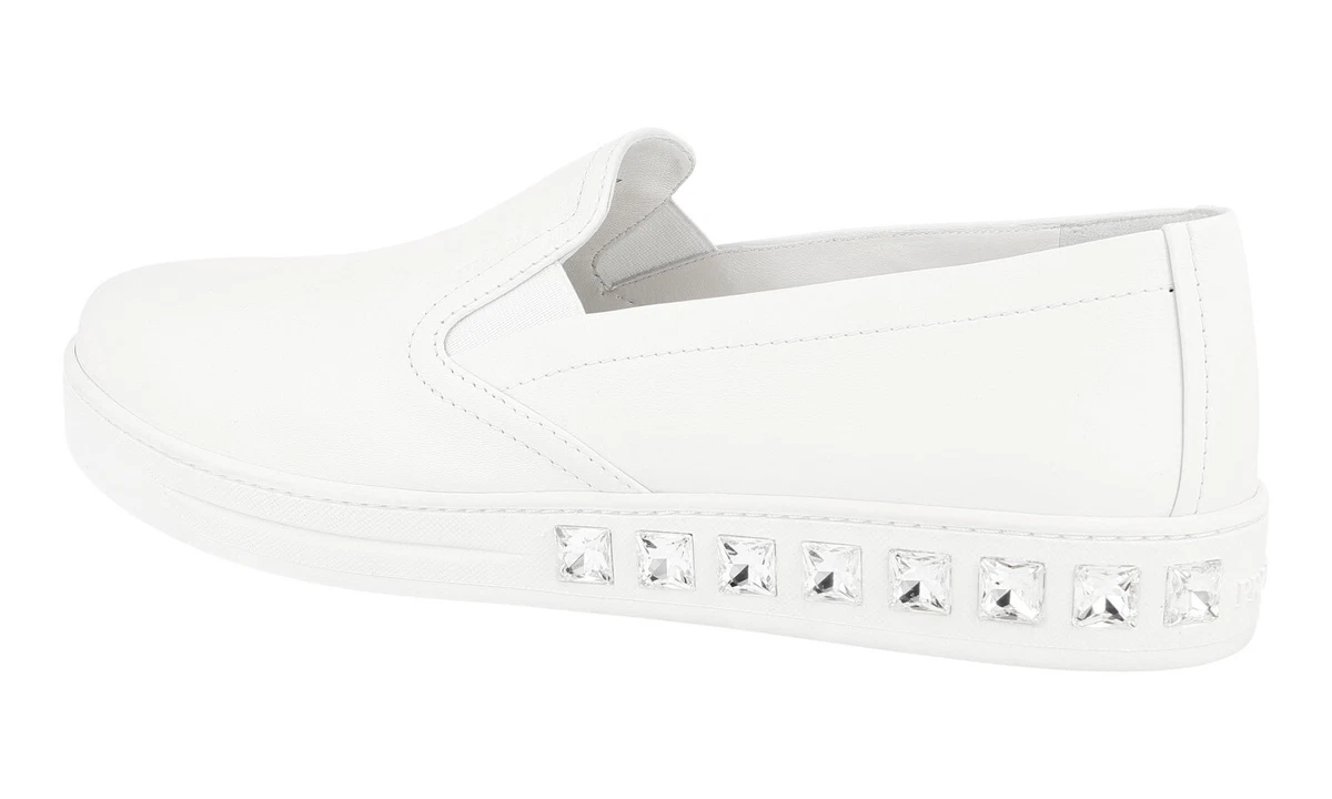 PRADA Leder Downtown KRISTALL Slip-on Sneaker - 1S245G Weiss - NEU - 41 UK 8