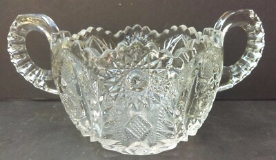 Vintage Clear Cut Glass Double Handle Candy Mint Nut Sugar Bowl Sawtooth Edge