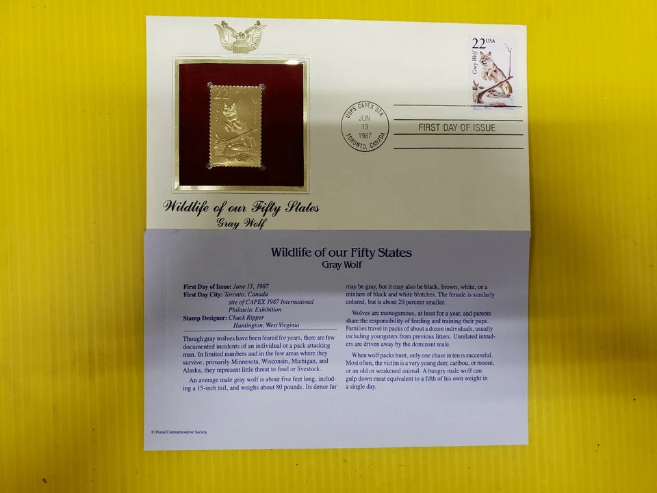 1987 Gold Foil FDC Wildlife of our 50 States GRAY WOLF Stamp!(FC-20-1) #4 - Image 3 of 3