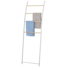 White Metal Curved Ladder Towel Rack w/ 4 Natural Wood Hanging Storage Rung Bars