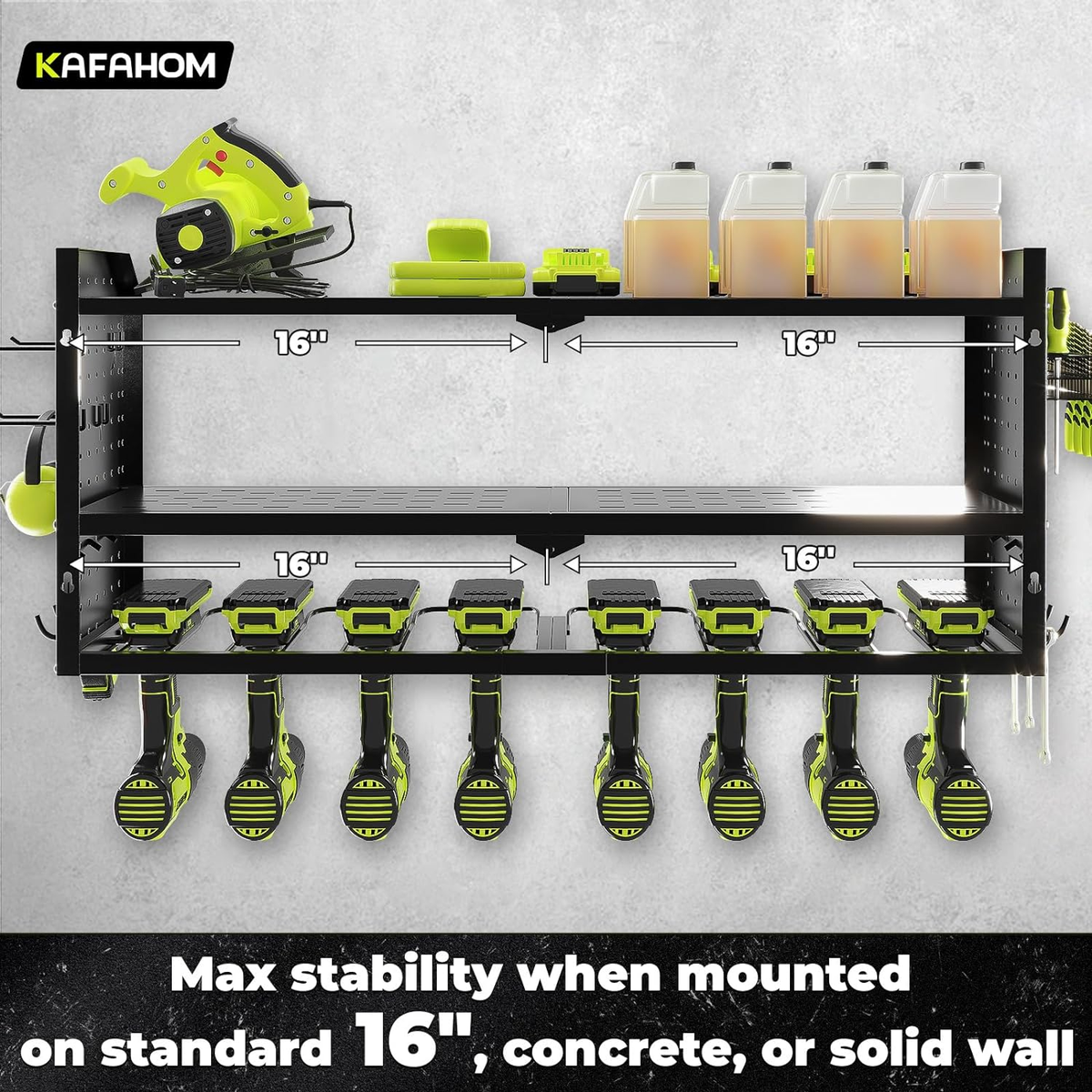 KAFAHOM Power Tool Organizer With Charging Station - 8 Drill Holder Wall Mount, Built-in Outlets, Heavy Duty