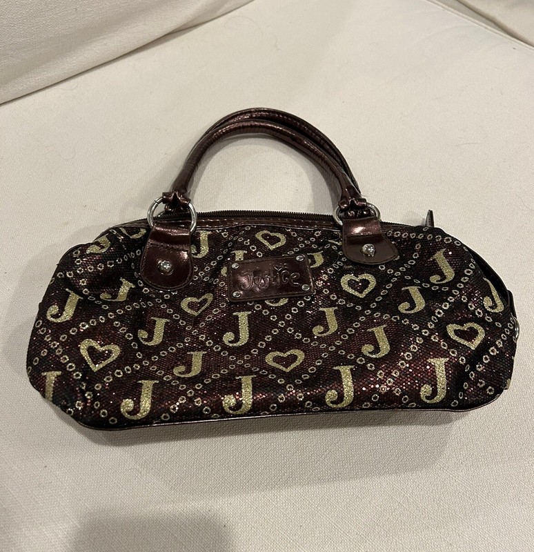 JUSTICE Kids Gold/Dark Brown Sparkly Purse Zip Top Small Two Handle Mini Handbag