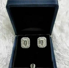 3CT White Emerald Cut Diamond Screw Back Stud Halo Earring 14K White Gold Finish