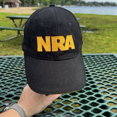 NRA Gold Letters on Black Hat Cap w Gold Bill Edge Hook Loop American Flag EUC