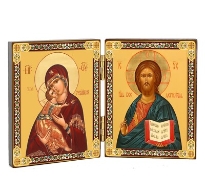 Orthodox Icon Diptych Christ The Teacher and Virgin of Vladimir, Byzantine Icons
