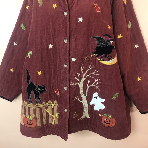 Quacker Factory Halloween Applique Corduroy Burgundy Jacket Coat Women XL VTG - Picture 2 of 5