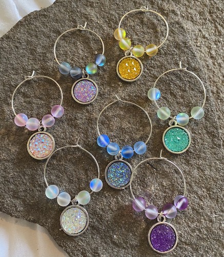Wine Glass Charms 7 Colors Sparkle Druzy Charms & Matte Glass Moonstone Beads - Picture 4 of 6