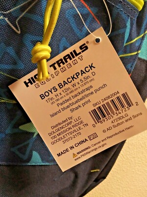 Boy's 12.5 X 17 High Trails Backpack Blue & Yellow Shark Themed