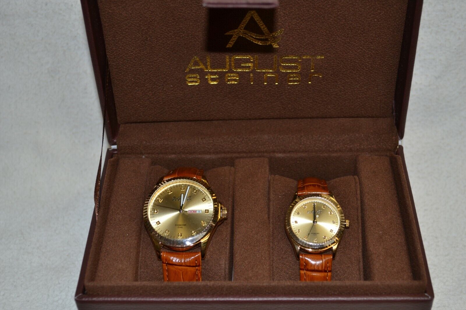 August Steiner AS8291YG His & Hers Quartz Gold Dial Leather Band Watch Set