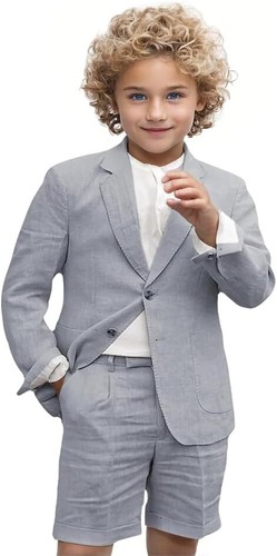 Boy Linen Suit Set 2 Pieces Blazer Short Pants Summer Outfit Wedding Ring Bearer - Picture 40 of 40