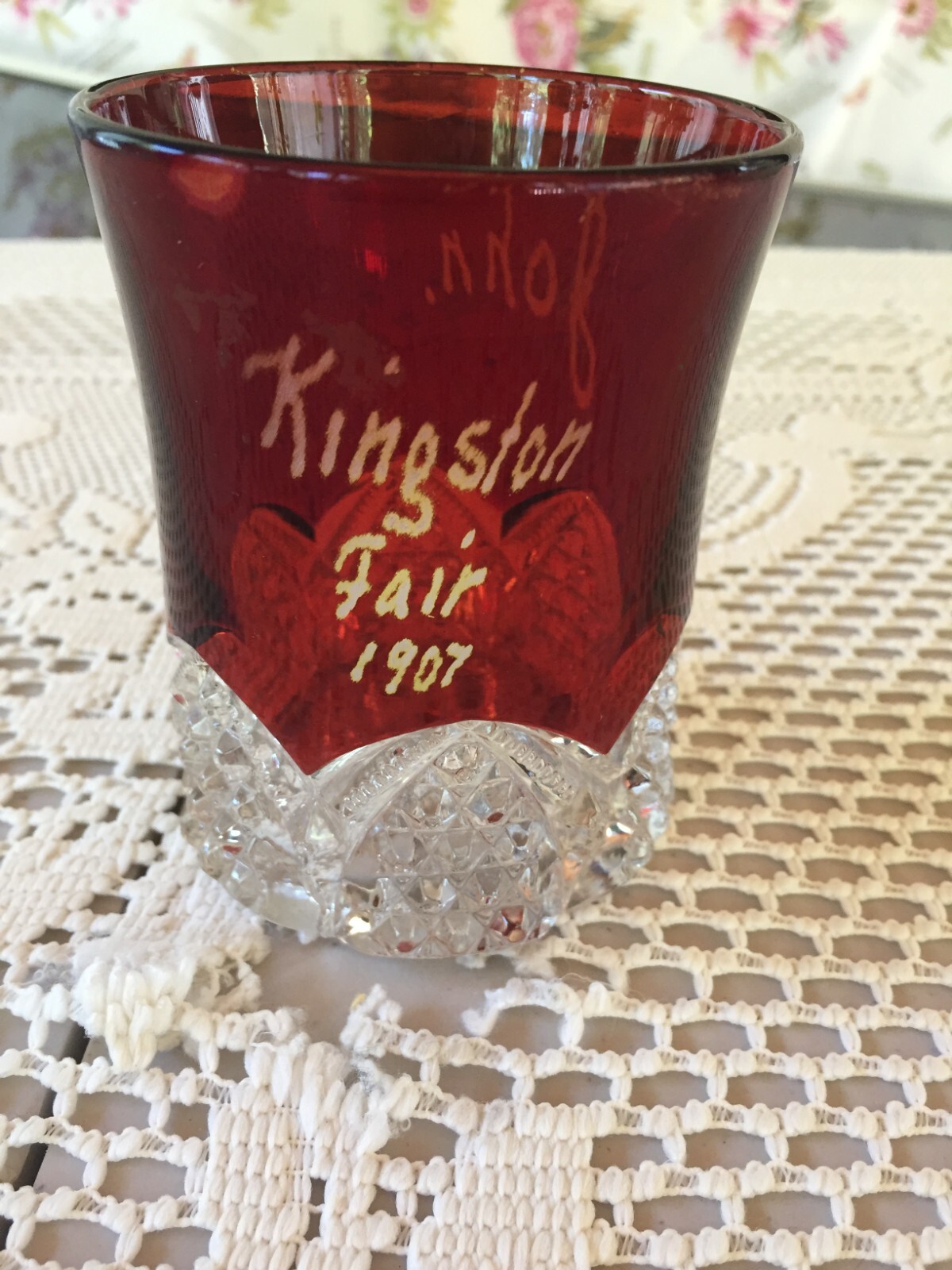 Antique 1907 Kingston Fair - JOHN- Ruby Red Flash Hobnail Glass