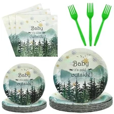 96 PCS Baby Cold Outside Winter Party Supplies Serves 24 Forest Plates Napkins