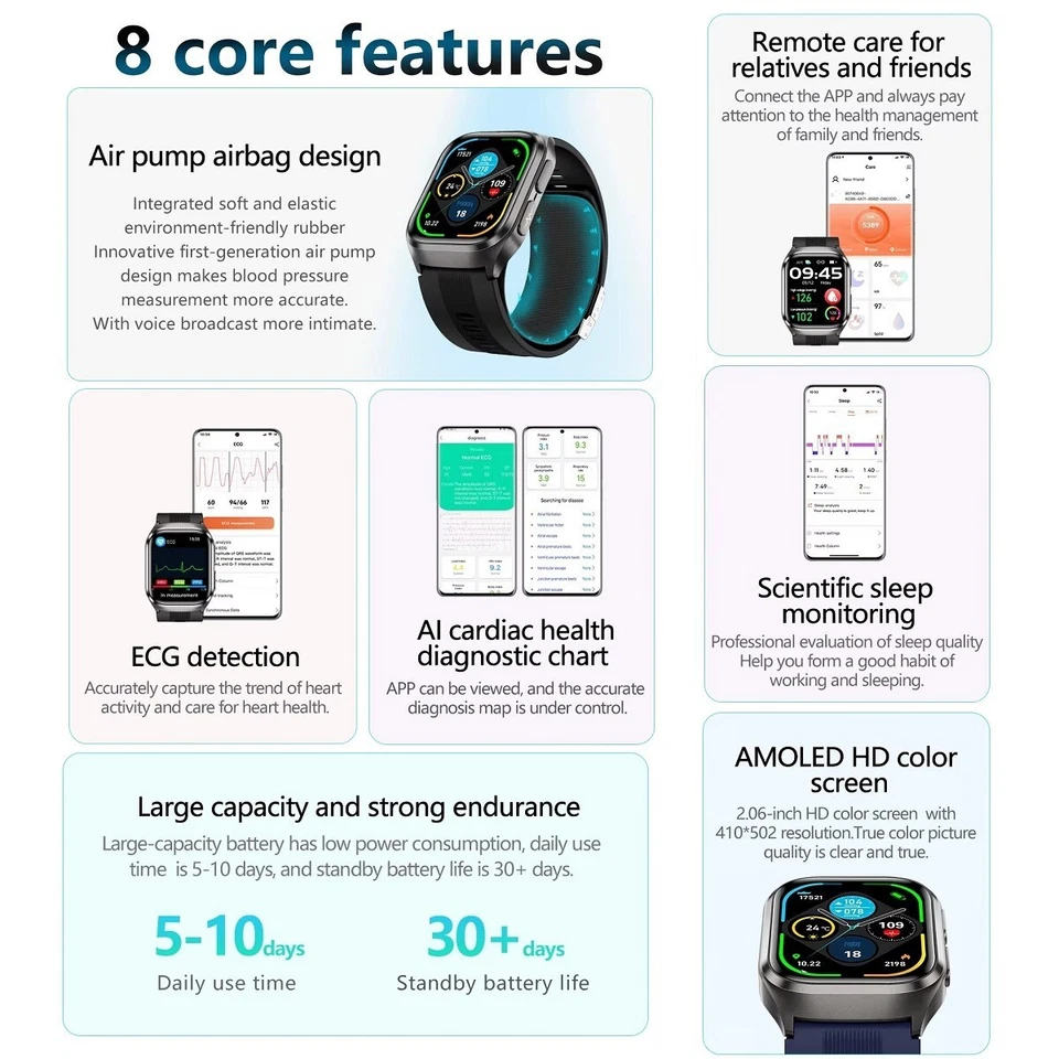 2.06" ECG Luftpumpe Airbag Genau Blutsauerstoffdruck Smartwatch S17 SOS NFC - Bild 3 von 4