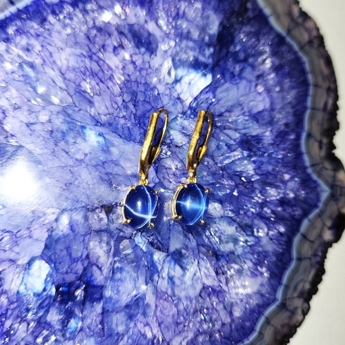 6 Rays Lab Created Star Sapphire Gold Plated Silver High Quality Earring - Picture 4 of 8