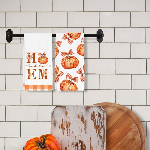 Orange Buffalo Plaid Pumpkin Fall Kitchen Towels Dish Towels Dishcloth Fall T... - Picture 3 of 7